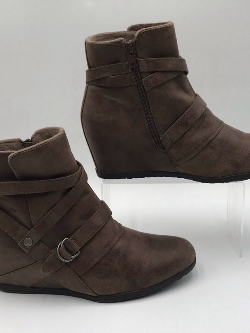 BareTraps Taupe Strap Wedge Ankle Boots